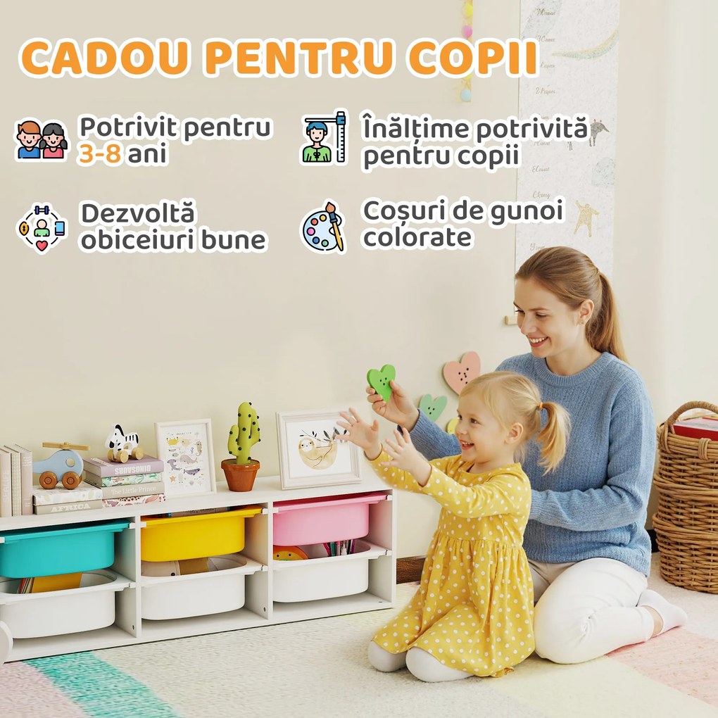 AIYAPLAY Raft pentru Jucării din Lemn cu 6 Recipiente Detașabile din Plastic, Multicolor | Aosom Romania