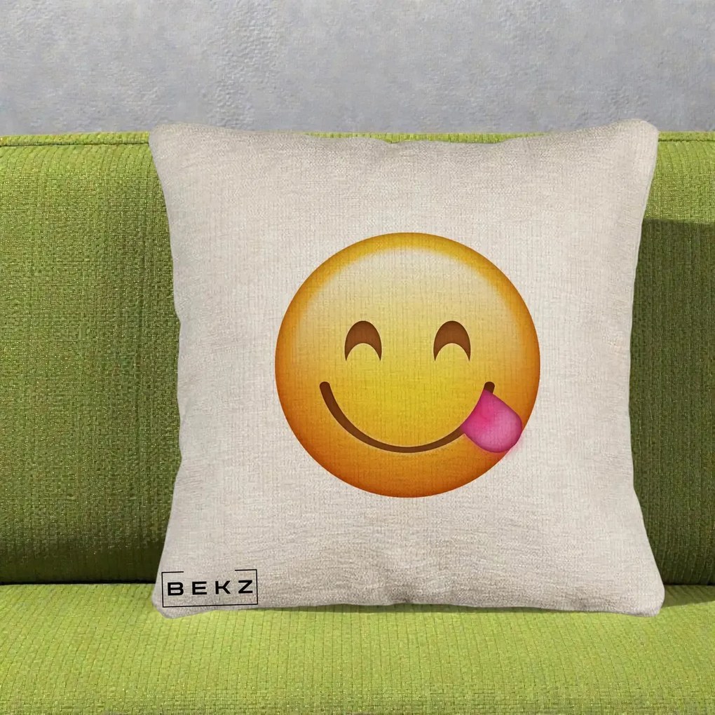 Perna Decorativa Emoji Limba Scoasa, 40x40 cm, Bej Canapea, Husa Detasabila, Perna Inclusa, BEKZ®