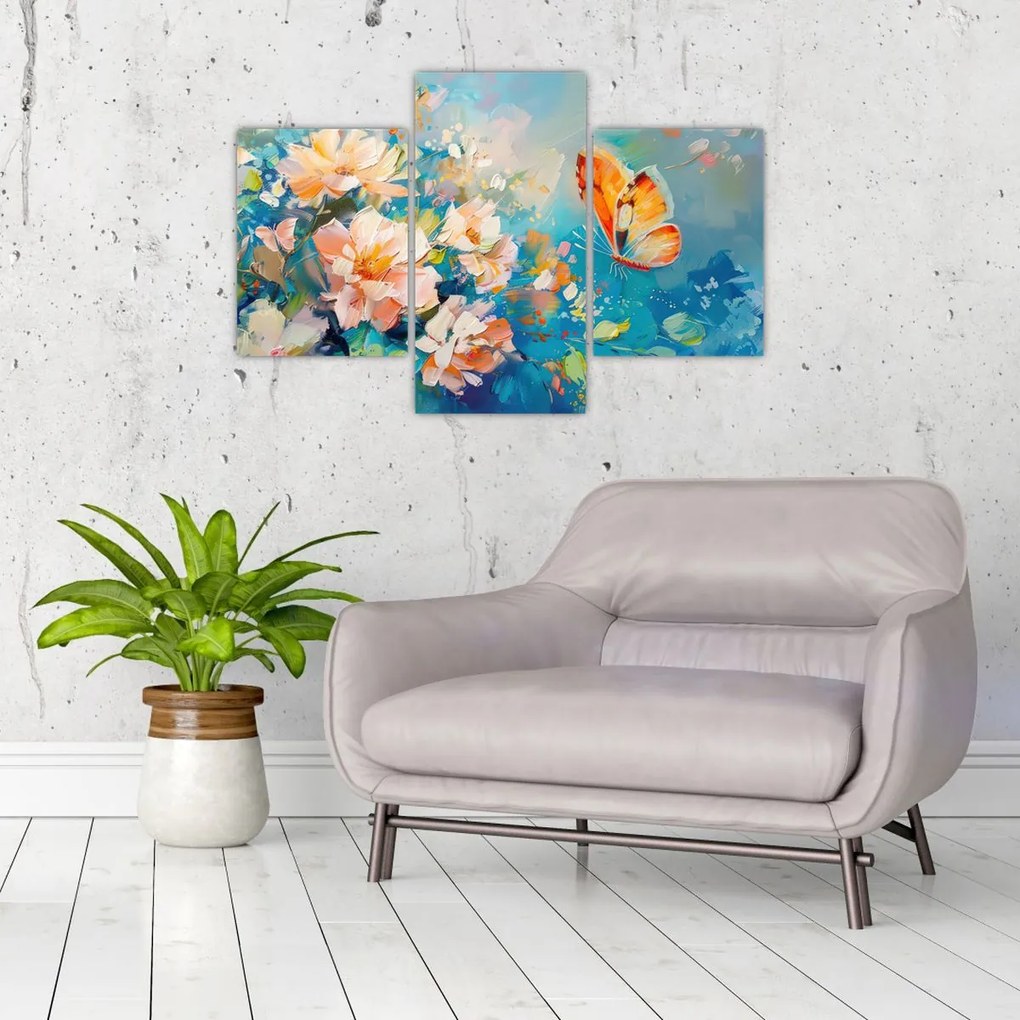 Tablou - Fluture și flori, pictură în ulei II. (90x60 cm)