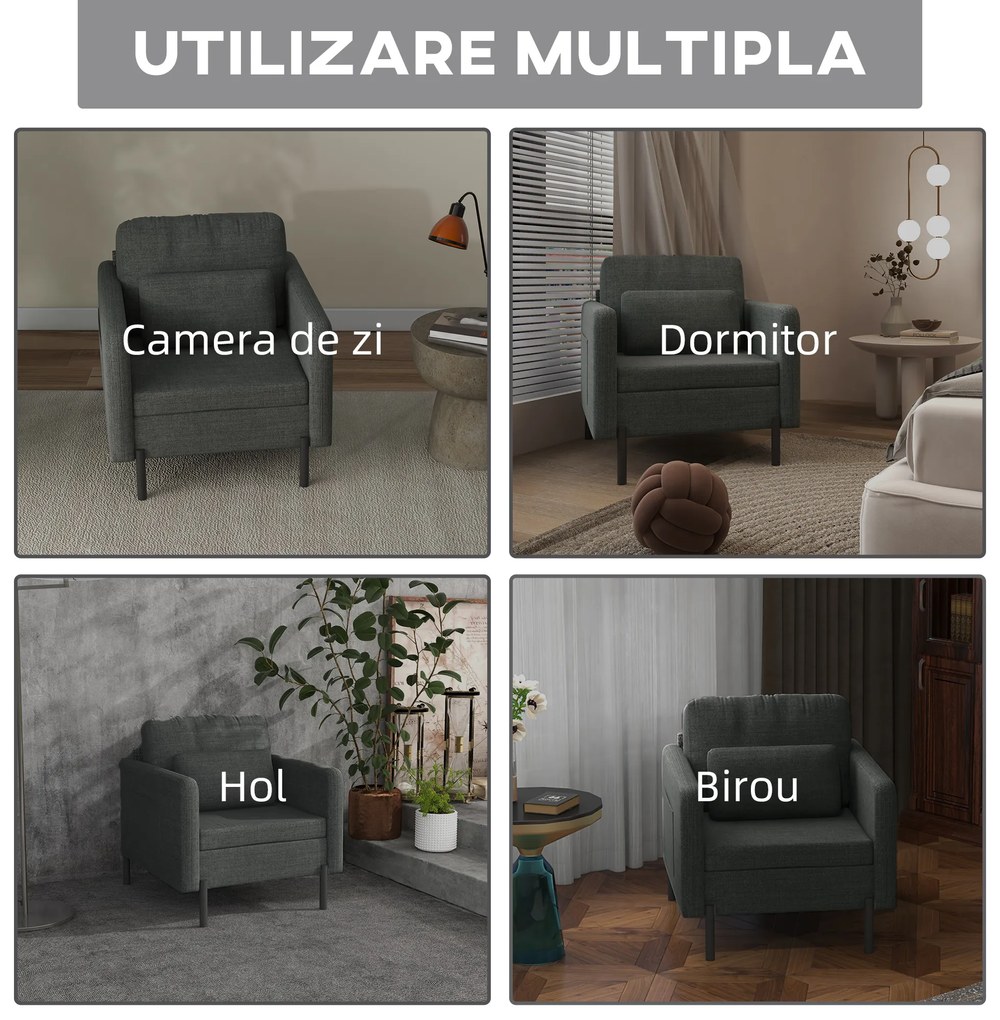 Scaun Decorativ HOMCOM din Stofa, Fotoliu Modern cu 4 Picioare din Otel, 2 Buzunare Laterale, Captuseala Groasa, Gri | Aosom RO