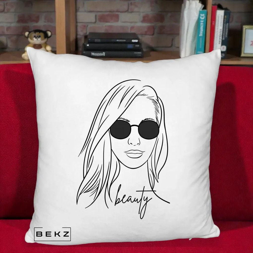 Perna Decorativa Beauty Girl Line Art, 40x40 cm, Alb Pufos, Husa Detasabila, Perna Inclusa, BEKZ®
