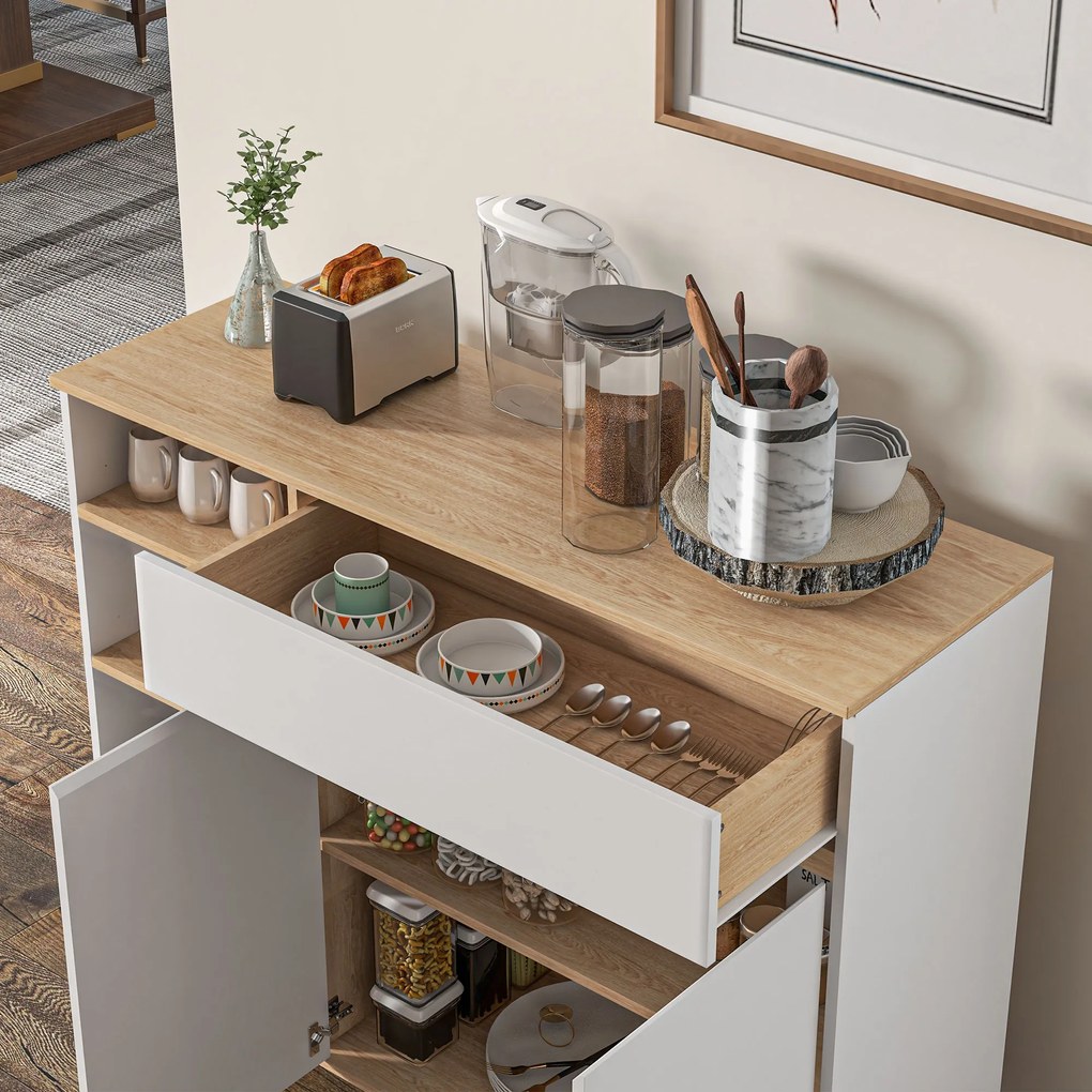 HOMCOM Bufet mobilier de depozitare bucătărie stil scandinav 1 placard dublă ușă 1 sertar și 4 nișe rafturi reglabile alb | Aosom Romania