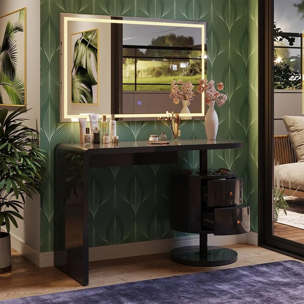 Masuta machiaj cu Oglinda LED si 2 Sertare pentru Cosmetice, Set Masa toaleta 120 cm, Negru, masuta cosmetica, vanity - SEN257