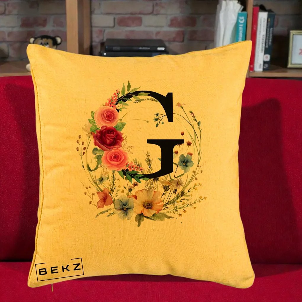 Cadou Personalizat - Perna Personalizata Monogram Litera G cu Flori Acuarela, 40x40 cm, Galben, Husa Detasabila, Perna Inclusa, BEKZ®