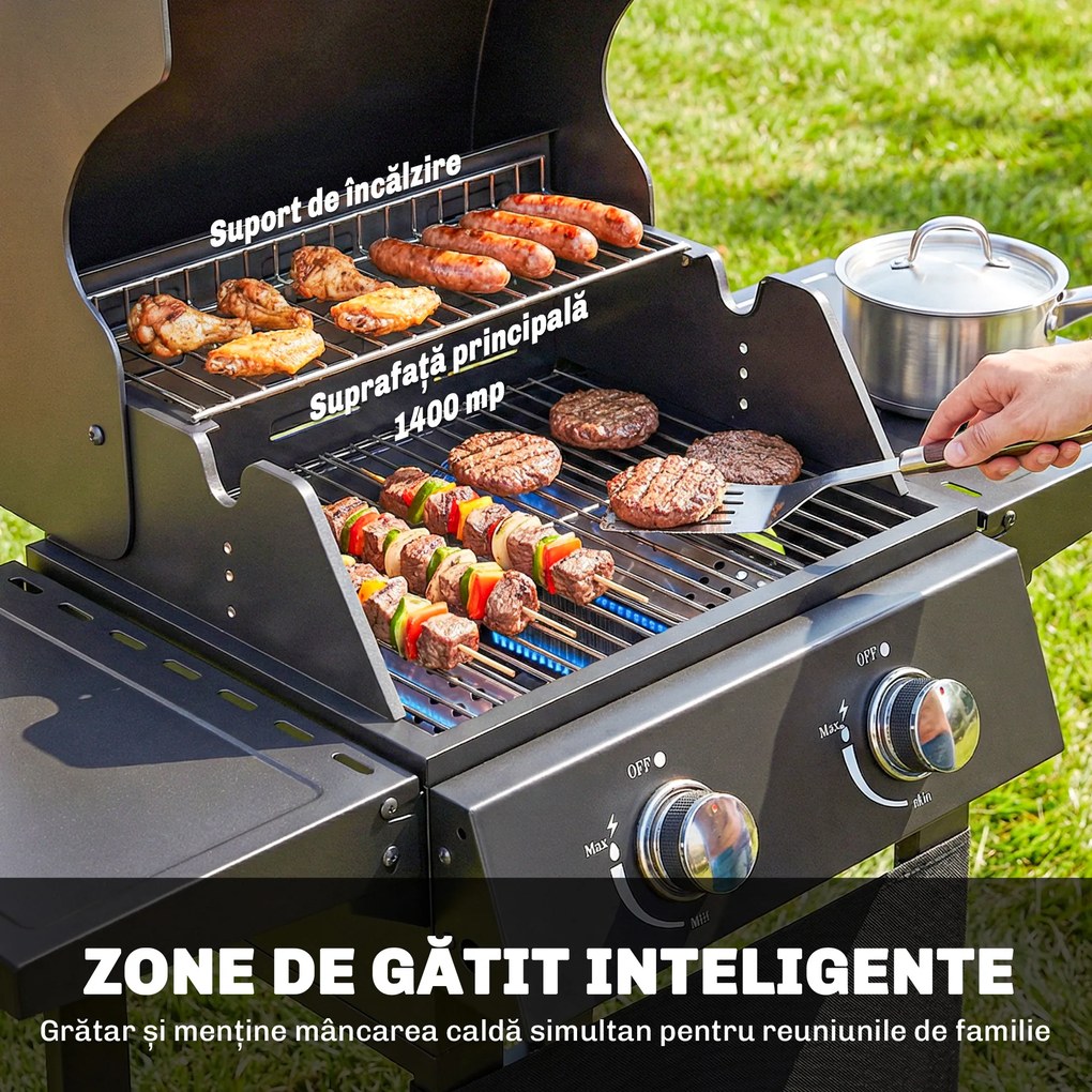 Outsunny Grătar pe Gaz Protan cu 2 Arzătoare, Portabil, Termometru, Negru | Aosom Romania