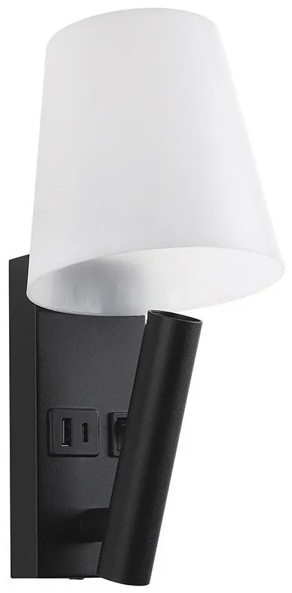 Lampă de perete LED cu port USB, 2W, 230V, 3000K, negru/alb