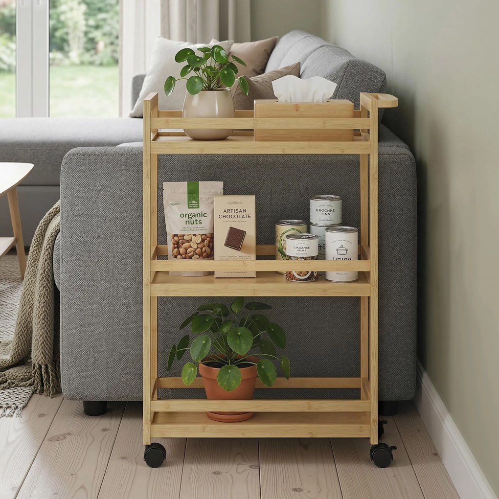 HOMCOM Raft de Baie din Bambus cu 3 Niveluri, Carucior Organizator cu Roți pentru Bucătărie, Baie, Living, 55 x 20 x 75 cm - Natural | Aosom Romania