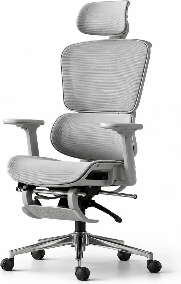 AERION – Scaun ergonomic, spătar ergonomic segmentat, suport lombar 3D, tetieră reglabilă, cotiere 3D, suport pentru picioare, înclinare până la 145°, bază metalică, Mesh, Gri