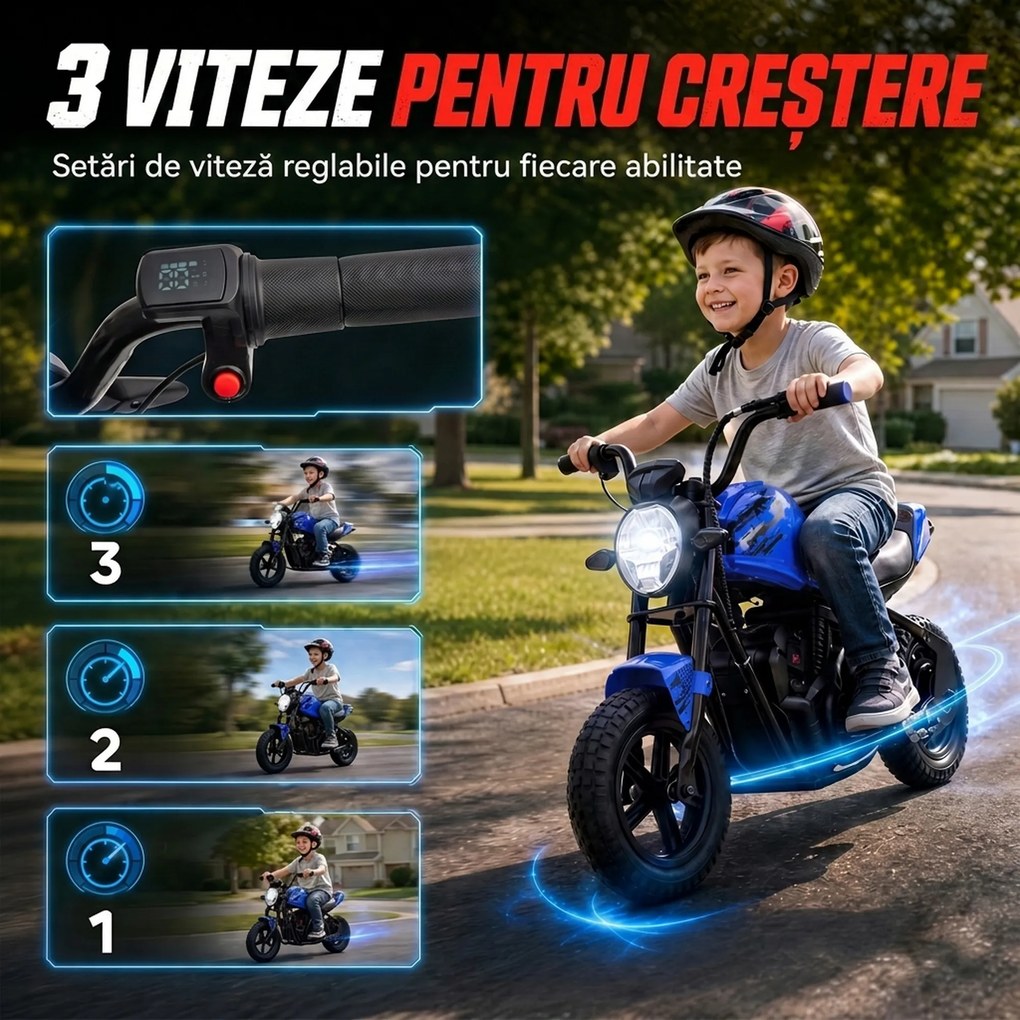 AIYAPLAY Motocicletă electrică pentru copii, stil Harley, 24 V, 6-12 ani, roți din cauciuc 30 cm, albastră | Aosom Romania