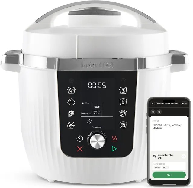 Multicooker Instant Pot Pro Max 112-0001-01-EU, 1200 W, 5,7 l, 105 kPa, 10 programe, Nutriboost, WiFi, ecran LCD, oțel inoxidabil, alb/mat