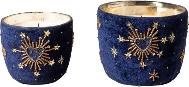 Set 2 lumânări decorative din sticlă și catifea albastră, brodate cu inimi și stele aurii, finisaj catifelat, 12 x 13 cm, „Nuit”