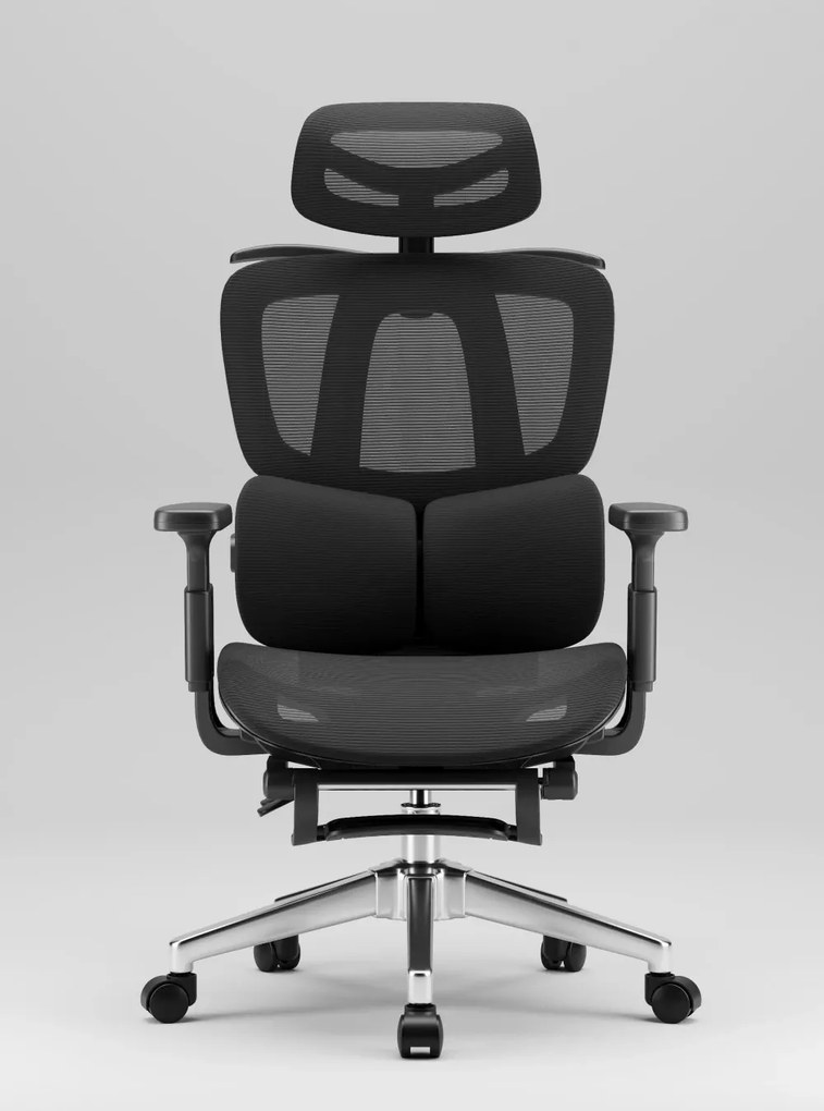 MILANO E06 Executive – Scaun Ergonomic cu Suport Lombar Reglabil în 2 Trepte, Tetieră Reglabilă, Cotiere 3D, Reclinare 135°, Umeraș Integrat, Suport pentru Picioare și Bază Metalică, Mesh, Negru