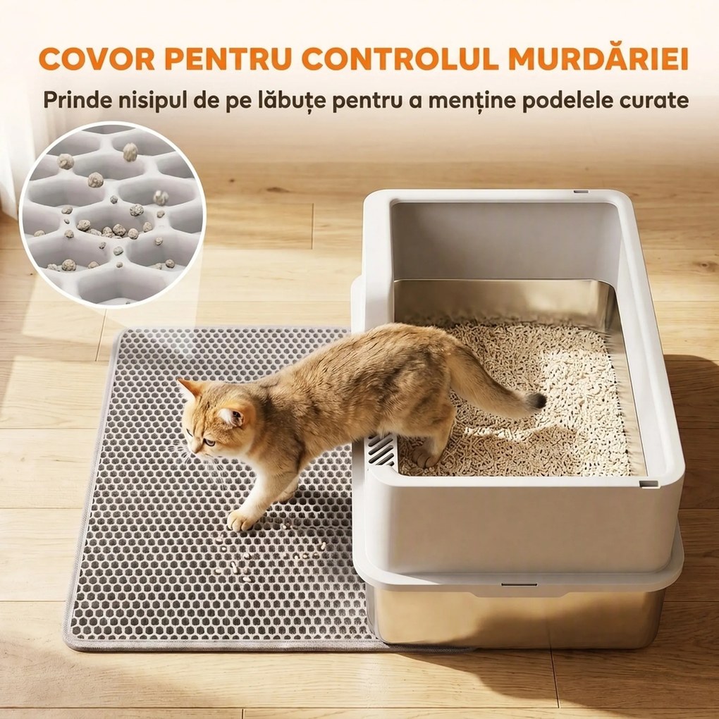 PawHut Litieră pentru Pisici xl cu Covoraș, Tavă din Oțel Inoxidabil, Lopățică, Perie, Până la 8 Kg, Gri Deschis | Aosom Romania