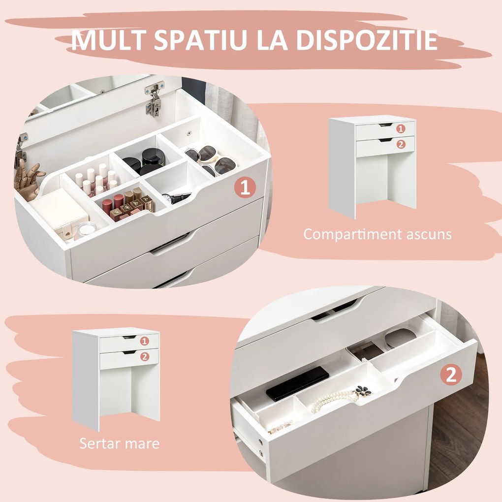 HOMCOM Măsuță de Toaletă cu Oglindă, Sertar și Taburet Asortat din Lemn, Alb | Aosom Romania