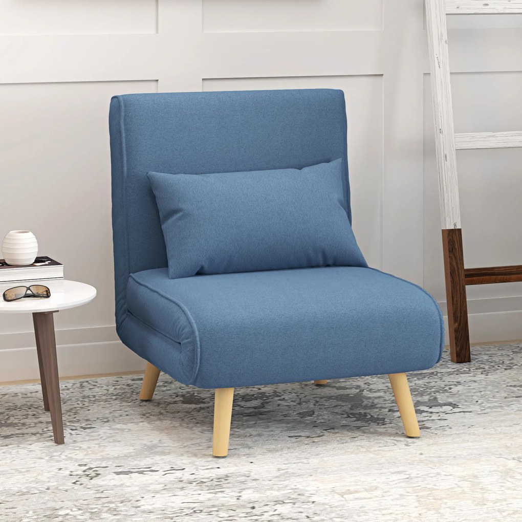 HOMCOM Fotoliu chauffeuse convertibil 3-în-1 pat/fotoliu 1 loc spătar 5 poziții din material textil cu pernă, albastru | Aosom Romania