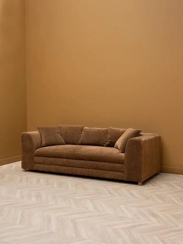 Canapea 3 locuri din catifea maro, cu perne incluse, picioare din lemn masiv, aspect vintage, 68×220×99 cm, „Castano"