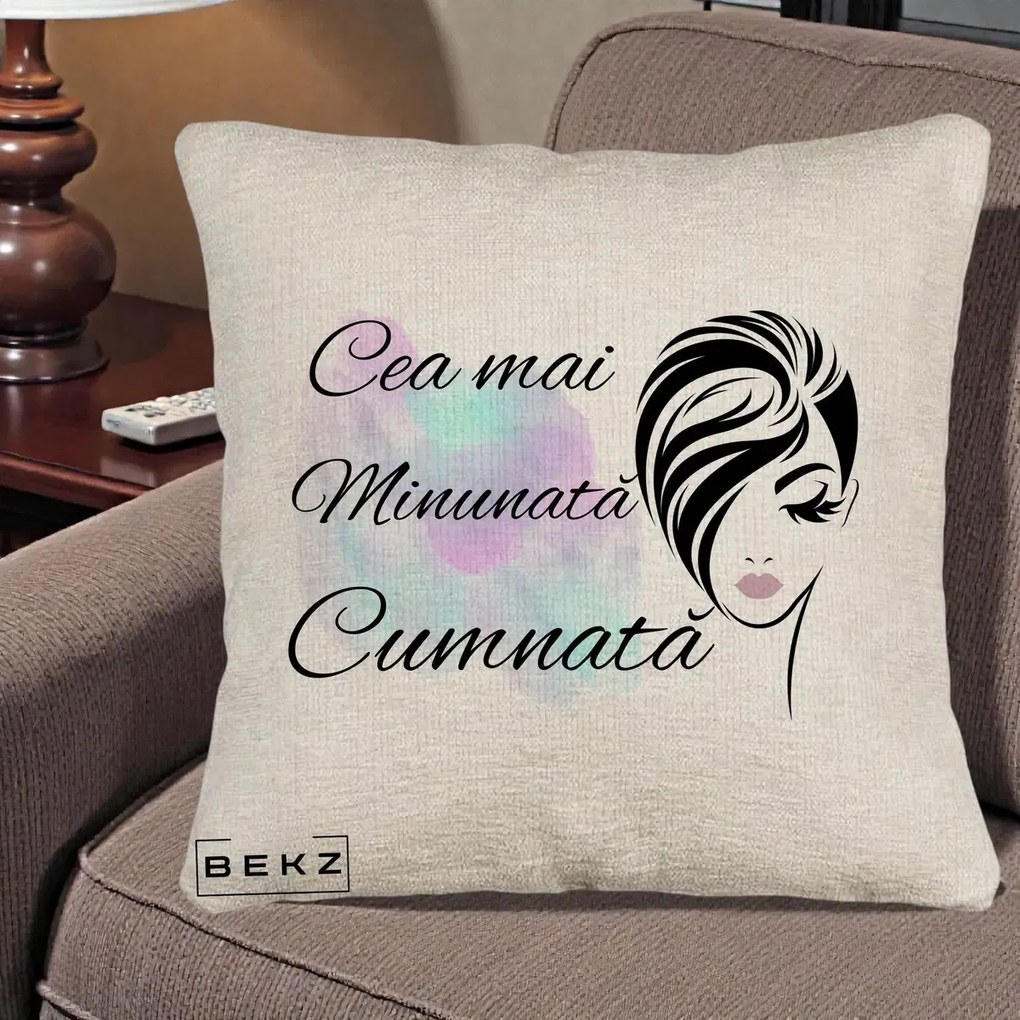 Cadou pentru Cumnata - Perna Personalizata Cea mai Minunata Cumnata cu Silueta Dama si Pete Multicolor, 40x40 cm, Bej Canapea, Husa Detasabila, Perna Inclusa, BEKZ®