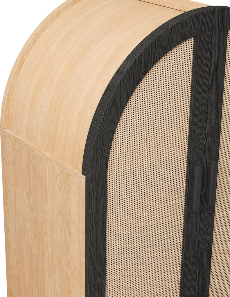 Dulap pentru pantofi cu exterior rotunjit, uși din ratan decupate și 3 rafturi, 70x40x100 cm, Culoare naturală+Negru