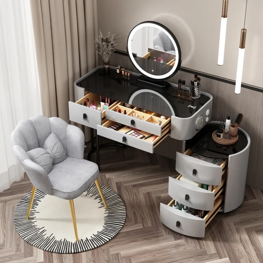 Set Lucia Premium, Masă de toaletă pentru machiaj, incarcare Wireless+USB+USB C, difuzor Bluetooth, oglindă iluminată LED, control touch, trei tipuri culoare, 6 sertare, scaun, 100 cm