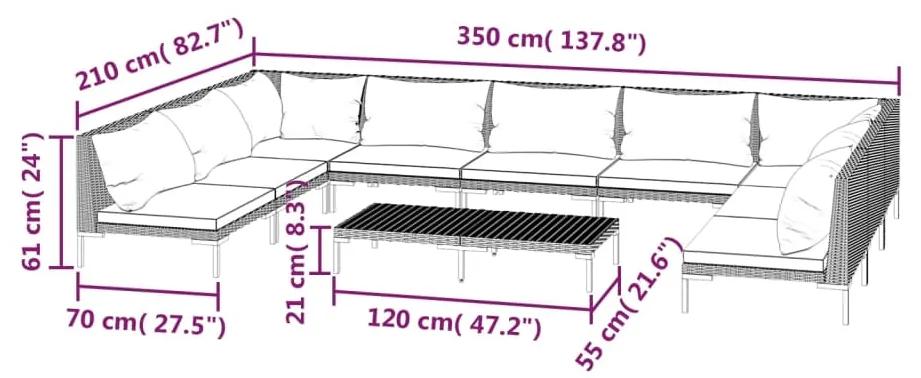 Set mobilier de gradina cu perne 10 piese gri inchis poliratan 2x colt + 7x mijloc + masa, 1