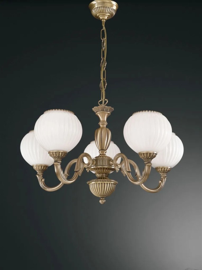 Candelabru cu 5 brate clasic design italian din alama, sticla 9250 RA-L. 9250/5
