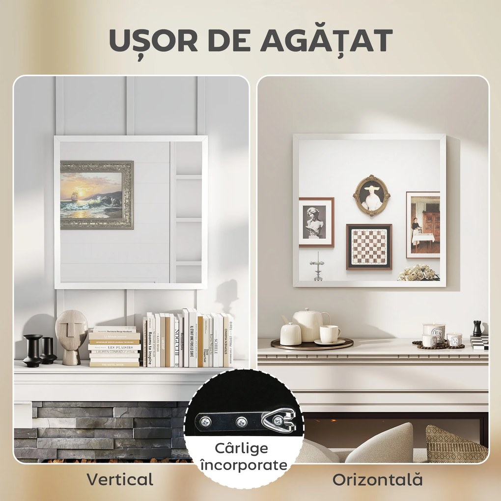 HOMCOM Oglindă de Perete Pătrată cu Cârlige, Oglindă din Sticlă și MDF, 50x50 cm, Albă | Aosom Romania