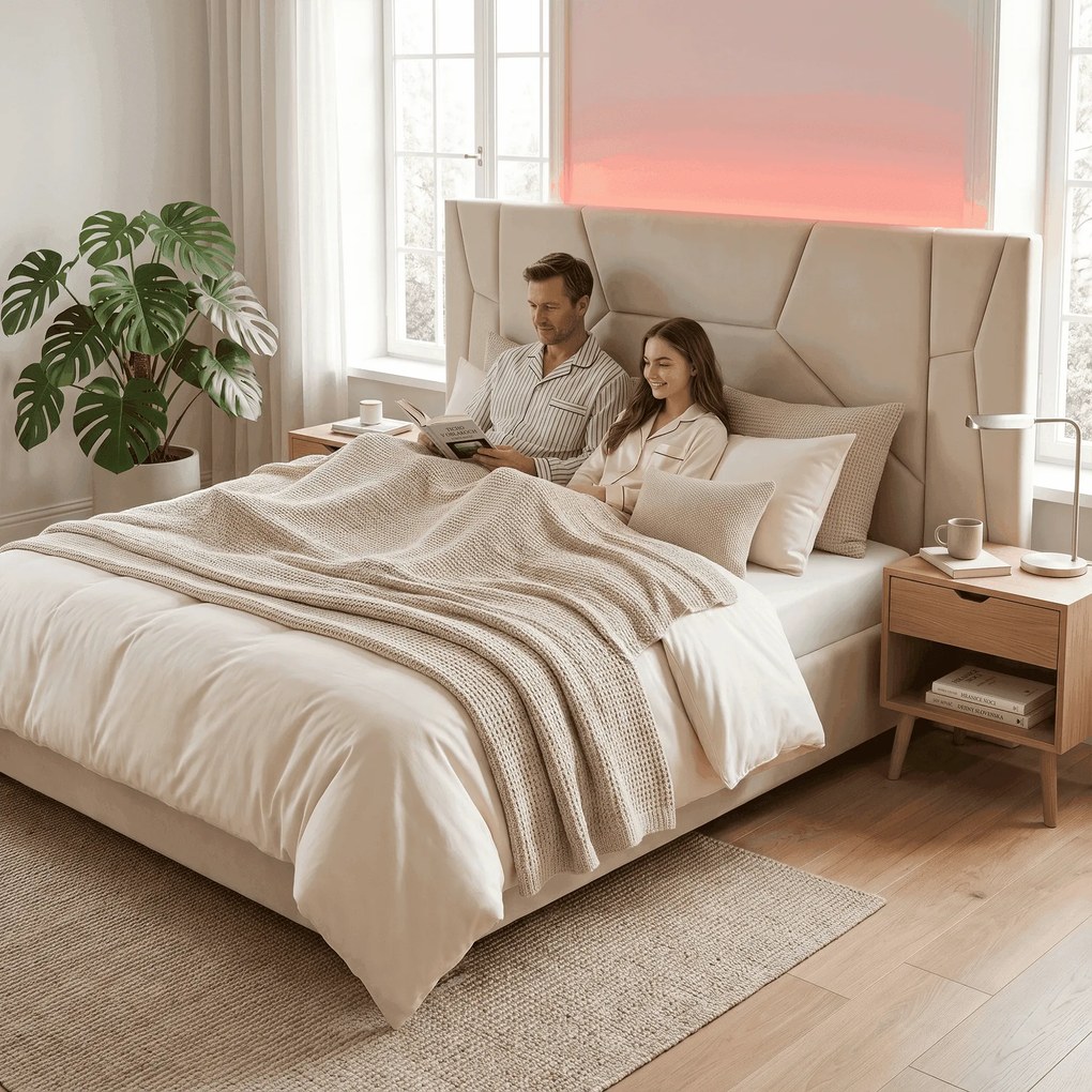 Pat cu somieră şi iluminare LED, 160x200, ţesătură Velvet bej, ALTESA