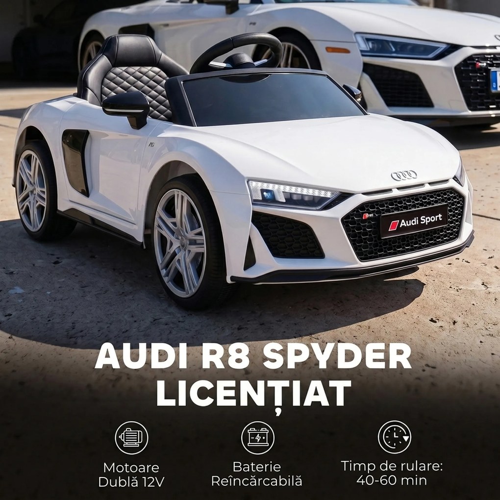 AIYAPLAY Mașină Electrică pentru Copii 12 V Audi R8 Spyder, 3+ Ani, 3-5 km/h, 2 Motoare și Telecomandă, Albă | Aosom Romania