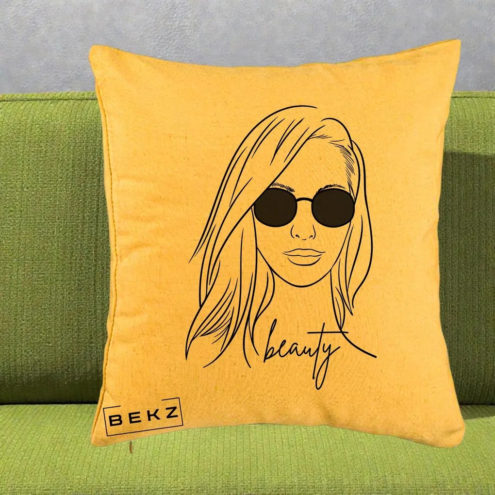 Perna Decorativa Beauty Girl Line Art, 40x40 cm, Galben, Husa Detasabila, Perna Inclusa, BEKZ®