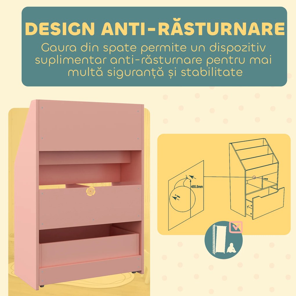 HOMCOM Bibliotecă pentru Copii cu Rafturi, Sertar și Roți, Raft pentru Jucării și Cărți, 60x29.9x90 cm, Roz | Aosom Romania