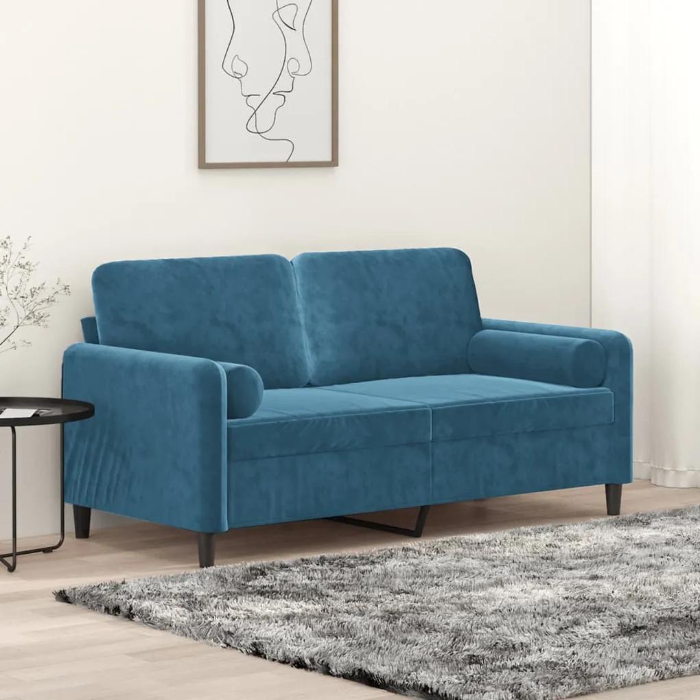 Canapea cu 2 locuri cu pernute, albastru, 140 cm, catifea