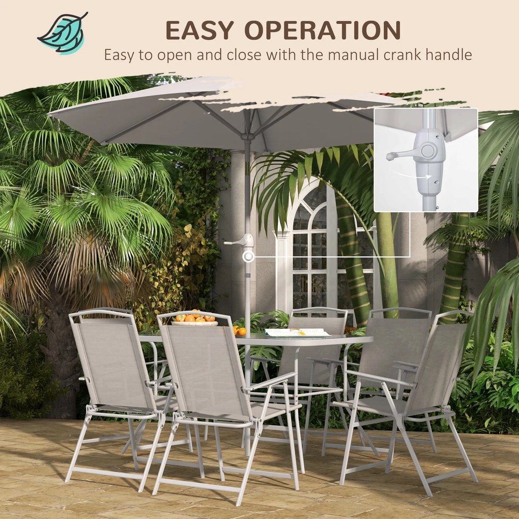 Outsunny Set de Grădină cu Masă, 6 Scaune Pliante și Umbrelă de Soare cu Manivelă, Lounge în Aer Liber din 8 Piese, 130x80x71 cm, Gri