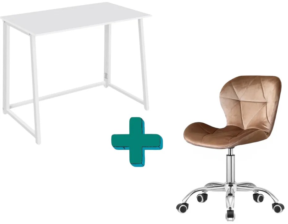 Set pentru birou – birou pliabil ZARIMO 80×40 cm alb + scaun de birou AVOLA VELVET maro deschis