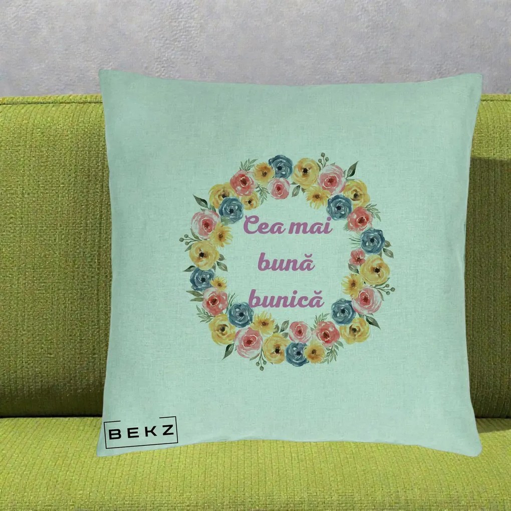 Perna personalizata bunica: Cea mai buna bunica, flori multicolore, 40x40 cm cu Umplutura, Verde Menta, BEKZ