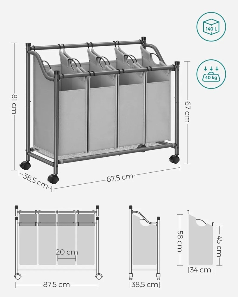 Organizator cu roti pentru baie, Songmics, 4 x 35L, 87.5 x 38.5 x 67 cm, LSF005, Gri