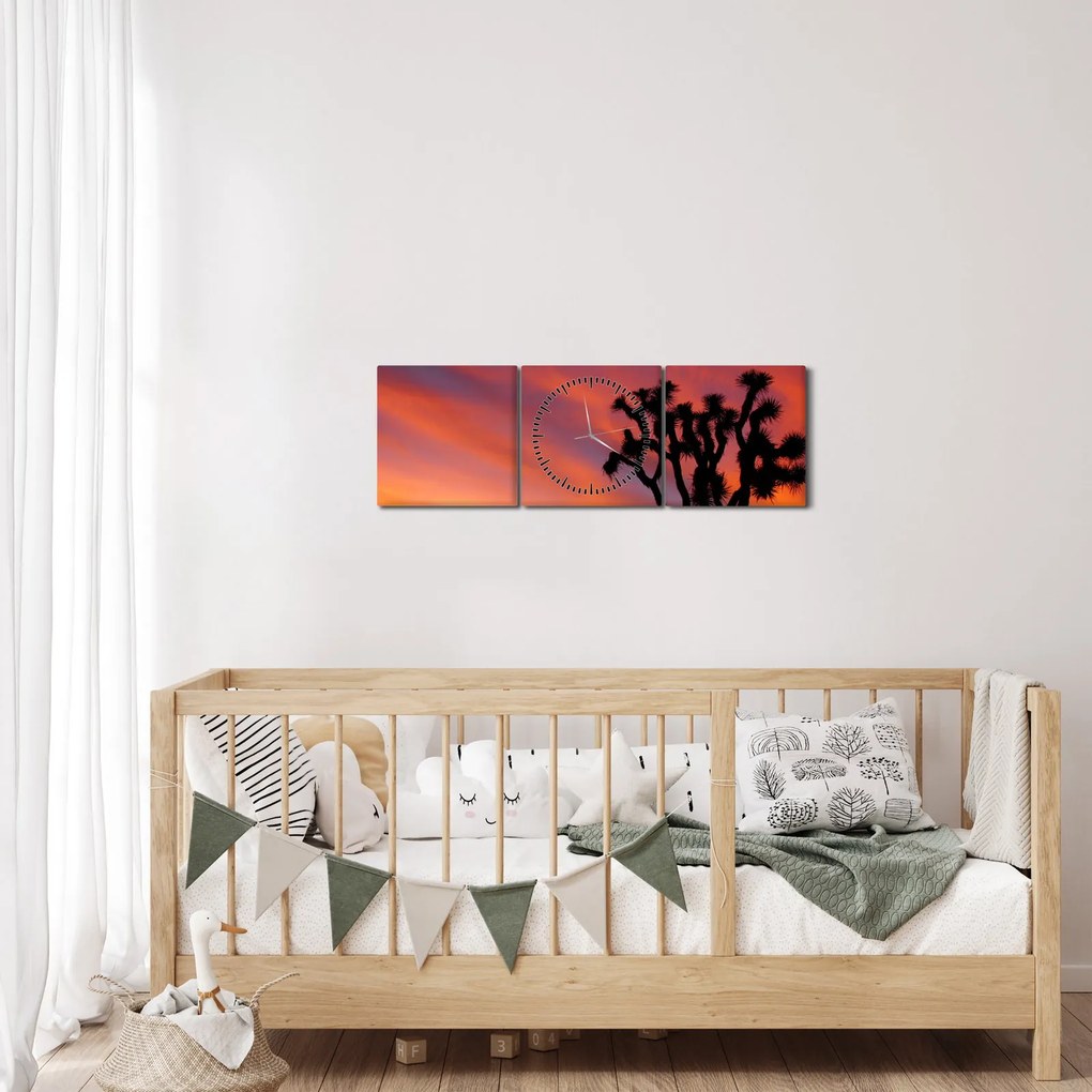 Tablou apus de soare deasupra siluetei unui copac (cu ceas) (90x30 cm)