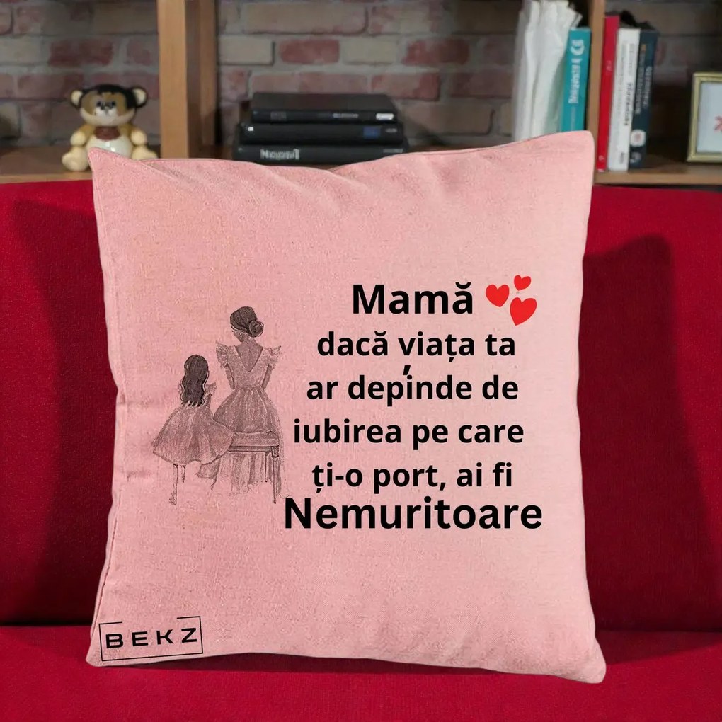 Cadou pentru Mama - Perna Personalizata Mama Nemuritoare Line Art, 40x40 cm, Roz, Husa Detasabila, Perna Inclusa, BEKZ®