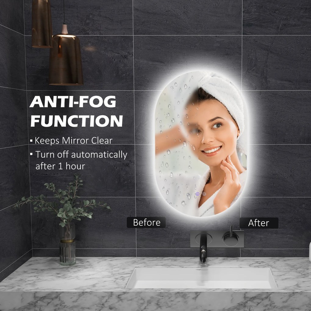kleankin Oglindă de Perete cu Lumină LED în 3 Culori și Funcție Anti-Aburire, 81x51x4.5 cm, Transparent | Aosom Romania