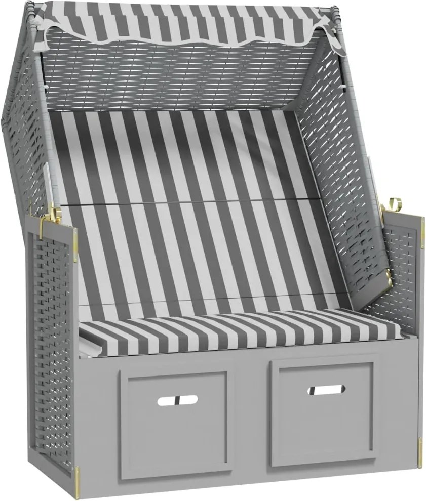 vidaXL Scaun de plajă cu baldachin,gri&alb, poliratan și lemn masiv