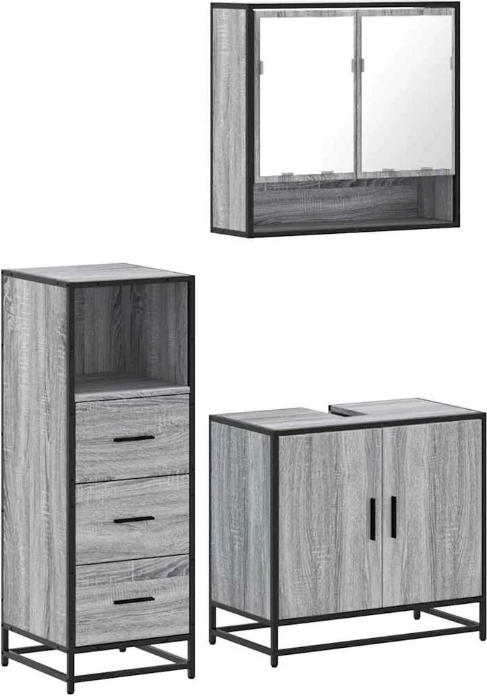 vidaXL Set mobilier de baie, 3 piese, gri sonoma, lemn prelucrat
