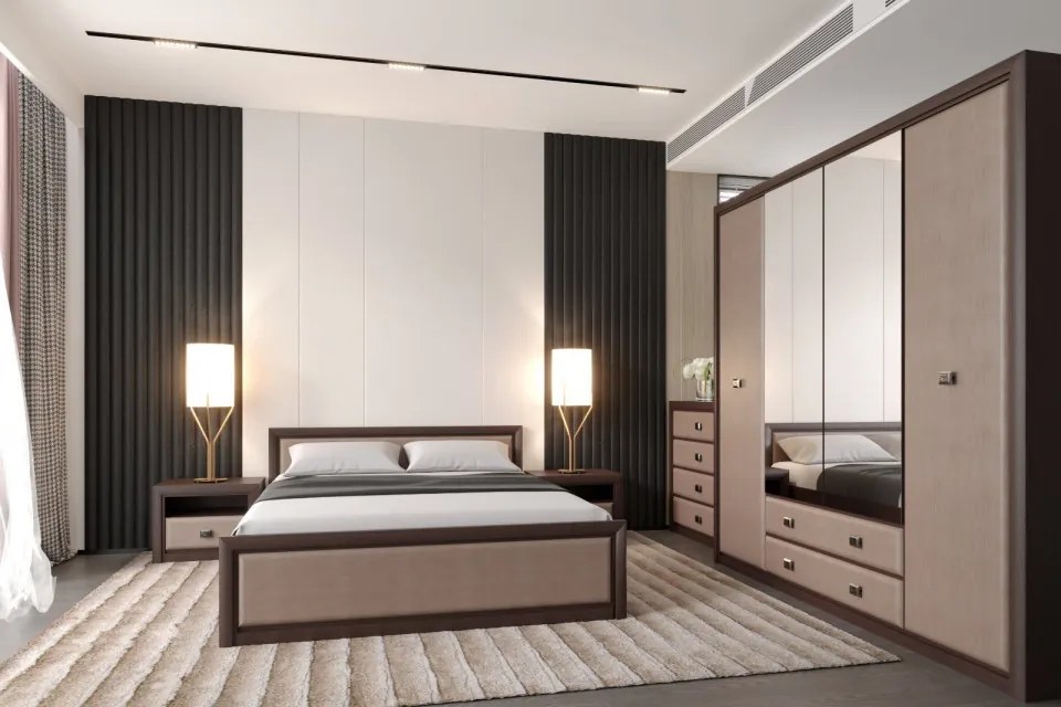 Dormitor Koln, MDF Wenge Shtroks, Dulap 4 Usi