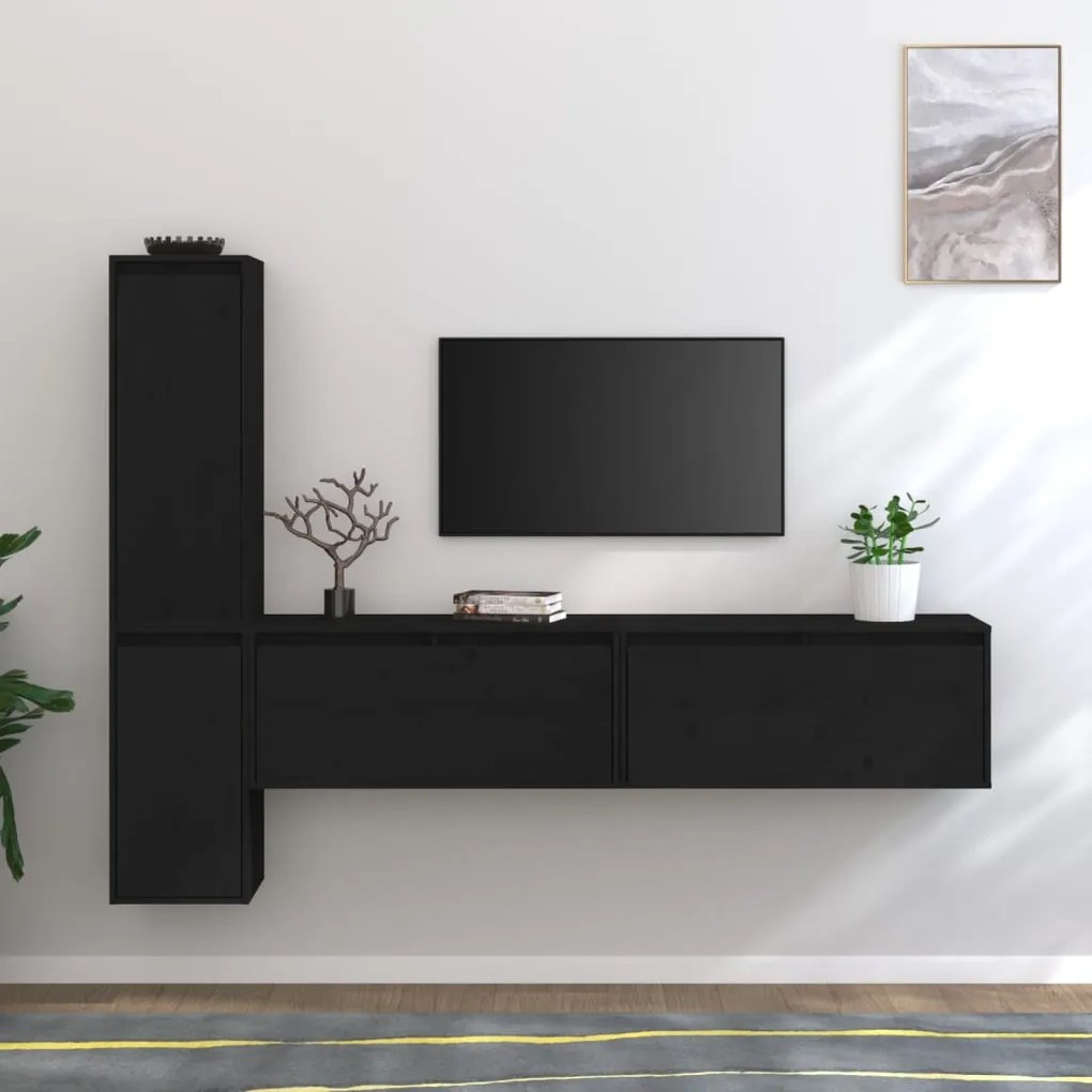 3100283 vidaXL Comode TV, negru, 4 buc., lemn masiv de pin
