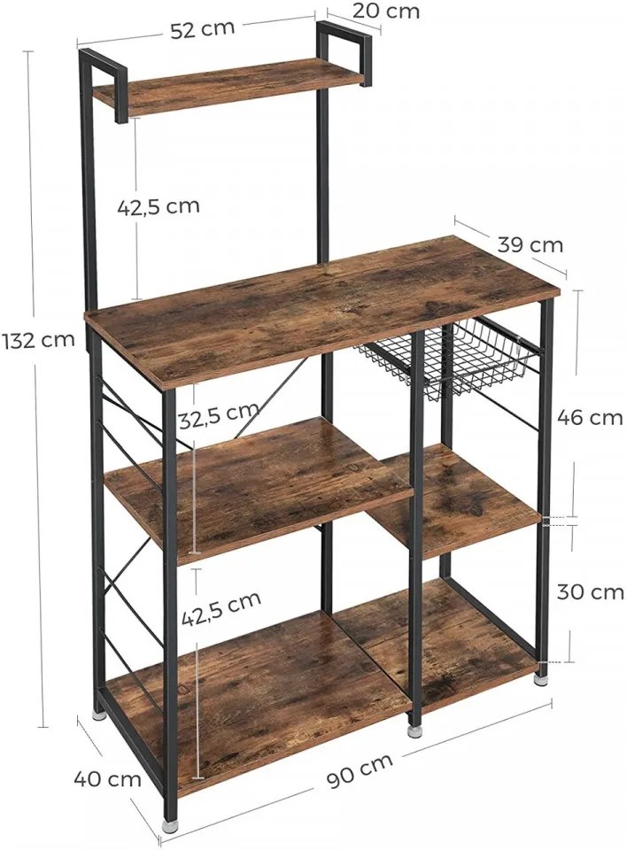 Dulap de bucatarie, Vasagle, 90 x 40 x 132 cm, fier/PAL, maro rustic