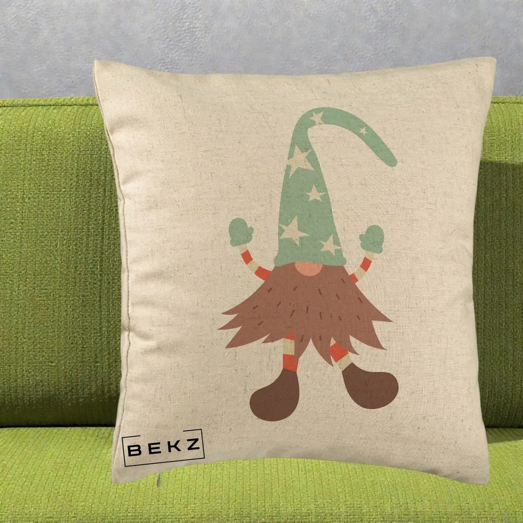 Perna Decorativa Pitic Gnom Nordic cu Cadou Menta, 40x40 cm, Bej, Husa Detasabila, Perna Inclusa, BEKZ®