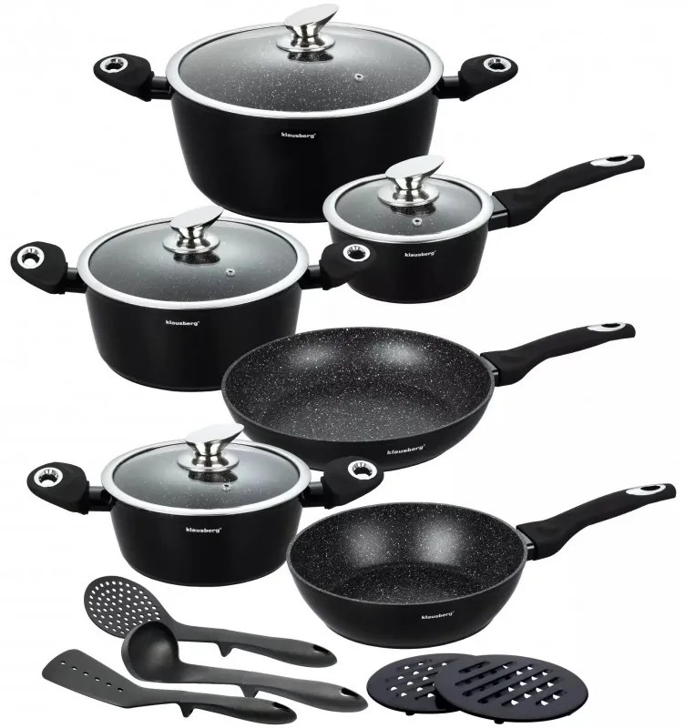 Set oale si tigai Klausberg KB 7322, 15 piese, Termocuplu, Orificiu de turnare, Inductie, Negru