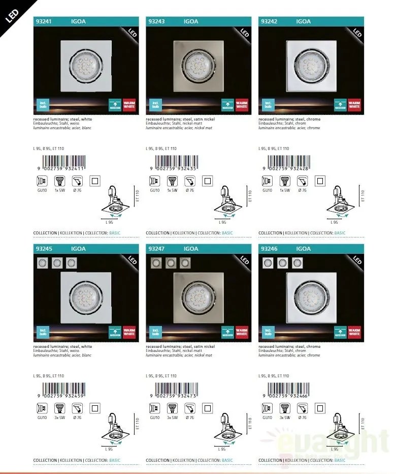 Set 3 spoturi, incastrabil pt. tavan fals, directionabil, dim. 9,5x9,5cm, LED Igoa 93245 EL