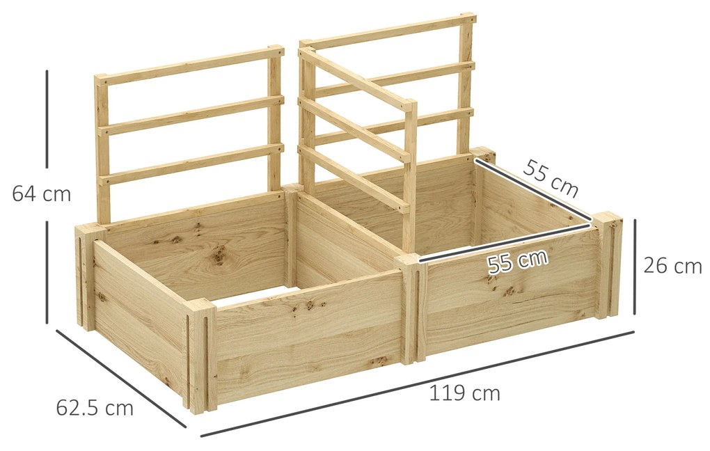 Outsunny Jardinieră Înălțată din Lemn cu 3 Suporturi pentru Plante, 119x62,5x64 cm, Natural | Aosom Romania