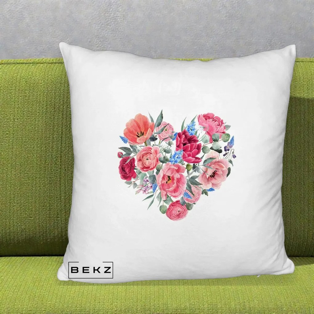 Perna Decorativa Inima din Bujori Acuarela, 40x40 cm, Alb Pufos, Husa Detasabila, Perna Inclusa, BEKZ®