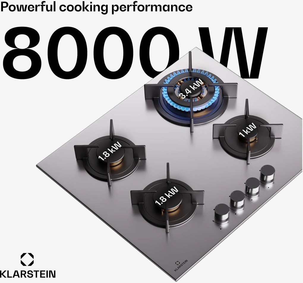 Klarstein Goldflame 4, plită cu gaz, 4 arzătoare, autonomă, gaz natural/propane, oțel inoxidabil