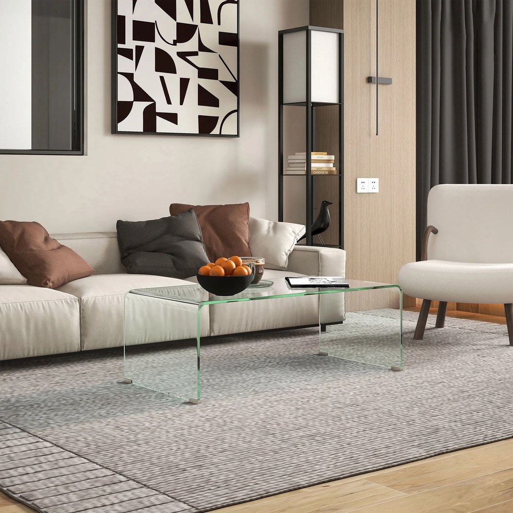HOMCOM Măsuța de Cafea Monobloc Modernă pentru Living cu Picioare Antiderapante, Măsuță de Cafea din Sticlă Securizată, 100x50x35 cm, Transparentă